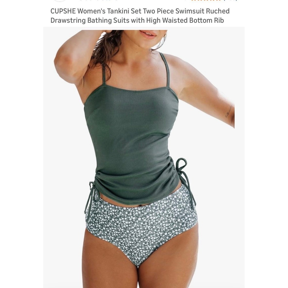 CUPSHE Women Sage Green Ribbed Tankini Set Floral High Waisted Swimsuit Large
